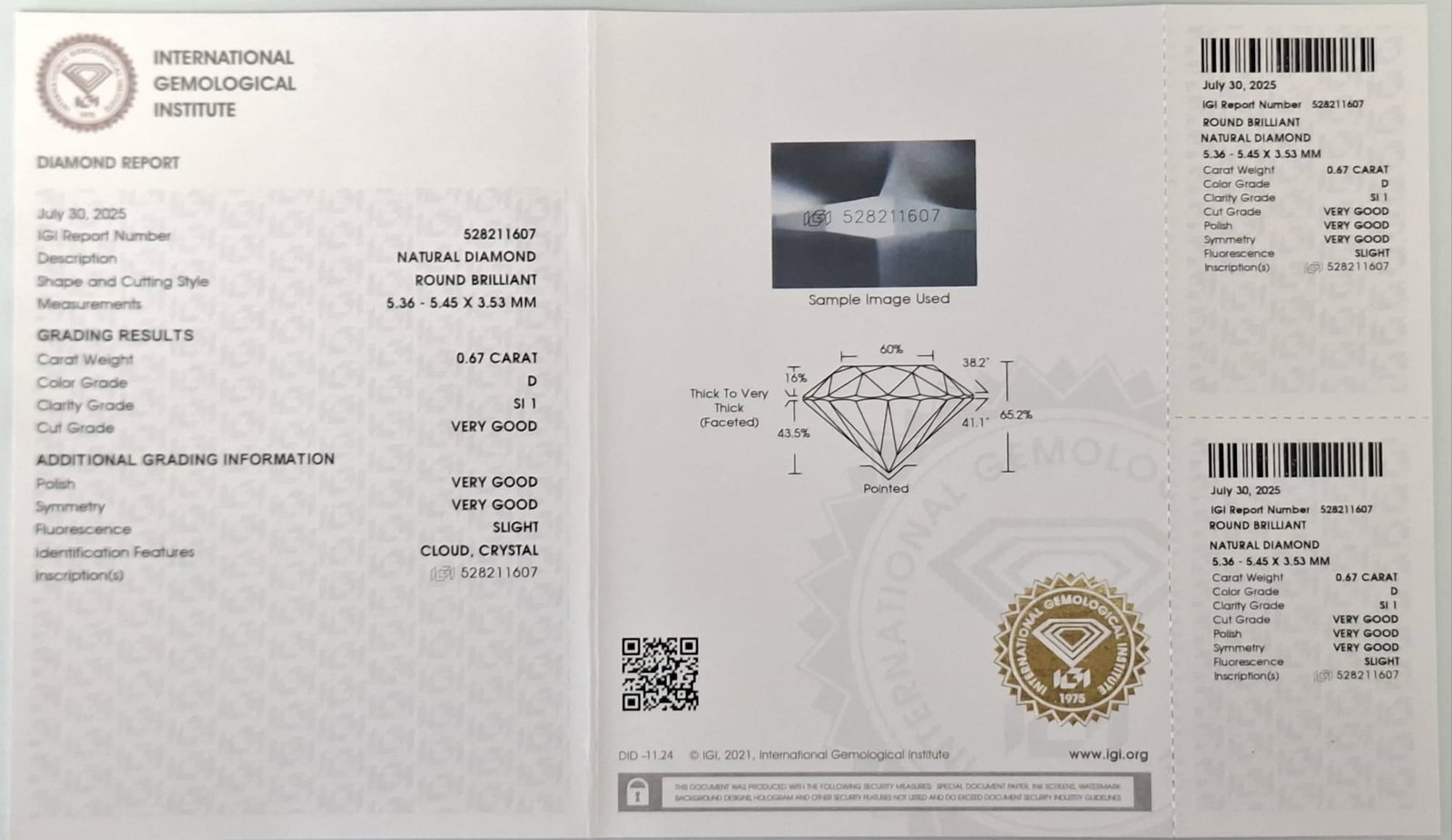 0.67 CT Natural Round Brilliant Diamond D SI1 3VG IGI Certified Sealed CertiCard - 2
