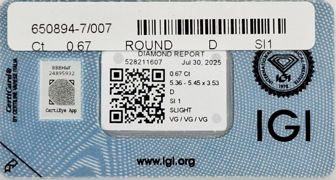 0.67 CT Natural Round Brilliant Diamond D SI1 3VG IGI Certified Sealed CertiCard - 7