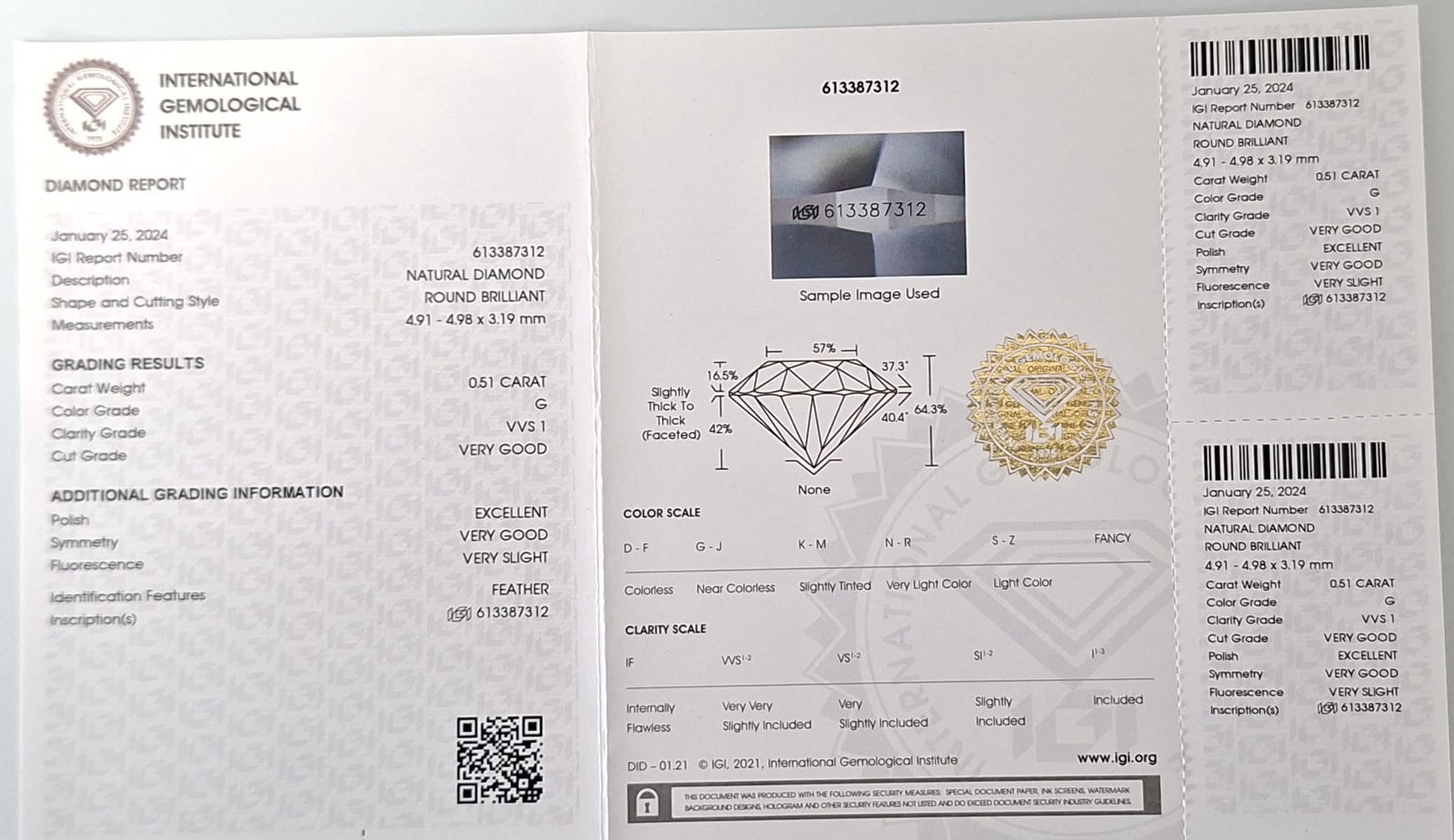 0.51 CT Natural Round Brilliant Diamond G VVS1 Excellent Polish IGI Certified Sealed CertiCard - 2