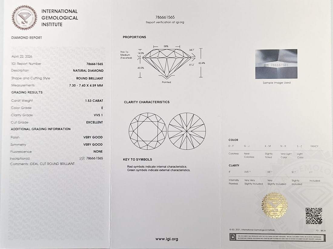 1.53 CT Natural Round Brilliant Diamond E VVS1 Ideal Cut IGI Certified Sealed CertiCard - 2