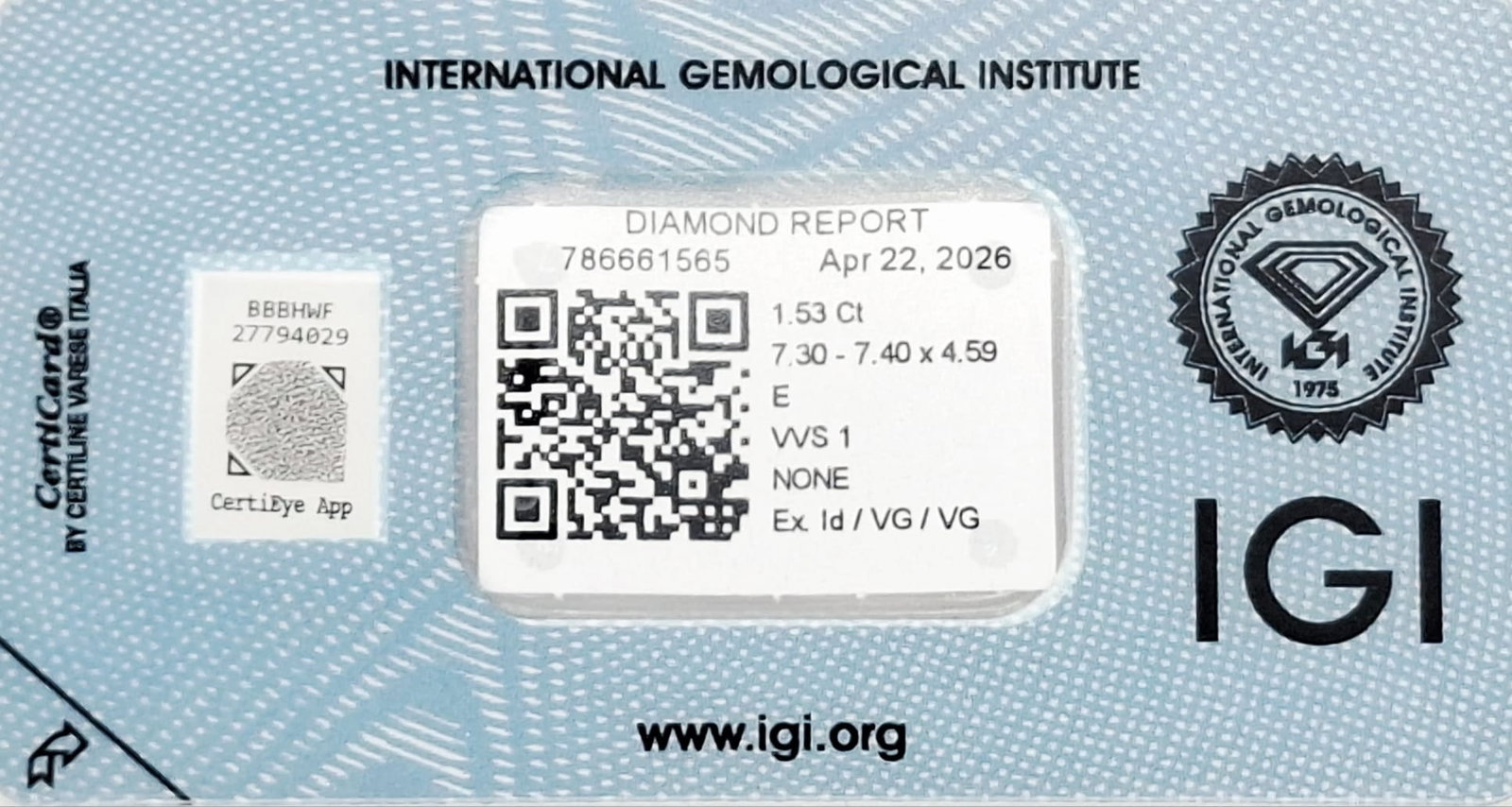 1.53 CT Natural Round Brilliant Diamond E VVS1 Ideal Cut IGI Certified Sealed CertiCard - 8