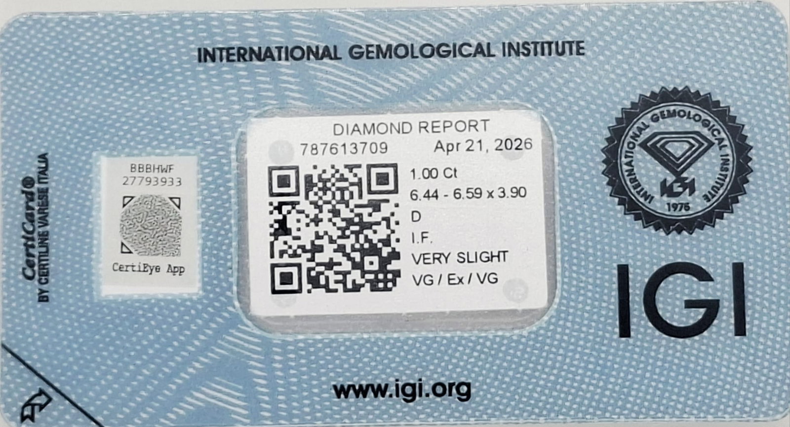 1.00 CT Natural Round Brilliant Diamond D IF Colorless Flawless IGI Certified Sealed CertiCard - 10