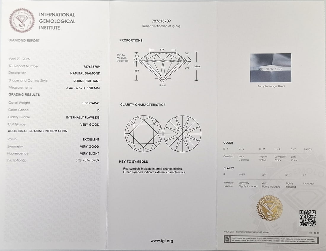 1.00 CT Natural Round Brilliant Diamond D IF Colorless Flawless IGI Certified Sealed CertiCard - 2
