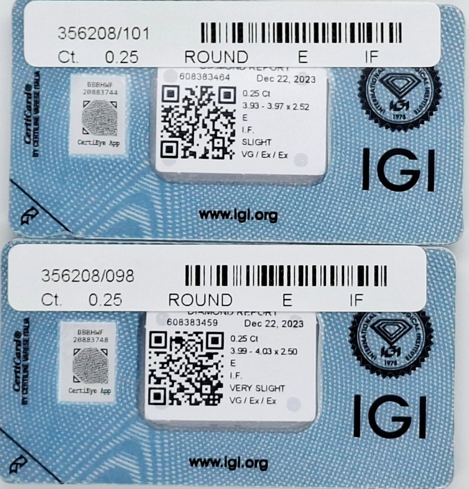 0.50 CTW Matched Pair Natural Round Brilliant Diamonds E IF Colorless Flawless IGI Certified Sealed - 9