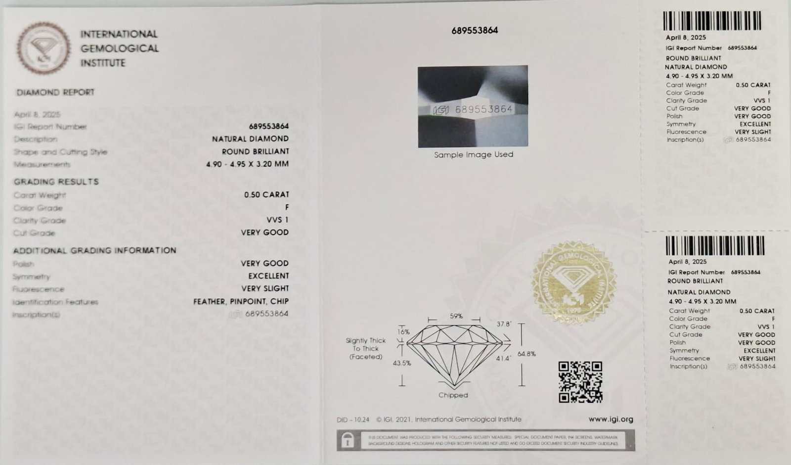 0.50 CT Natural Round Brilliant Diamond F VVS1 IGI Certified Sealed CertiCard - 2
