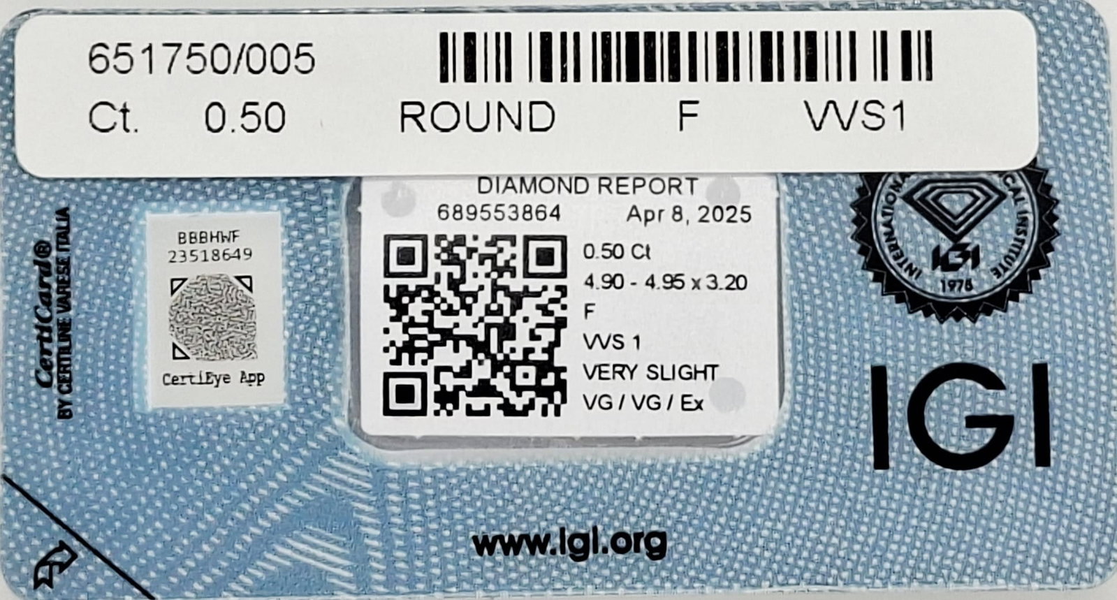 0.50 CT Natural Round Brilliant Diamond F VVS1 IGI Certified Sealed CertiCard - 4