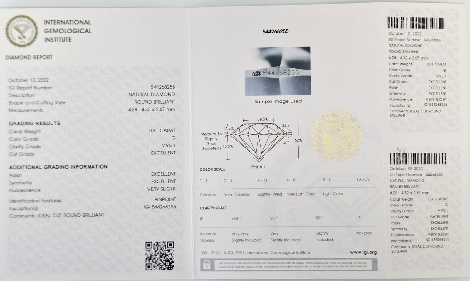 0.31 CT Round Brilliant Diamond G VVS1 IGI Certified - 2