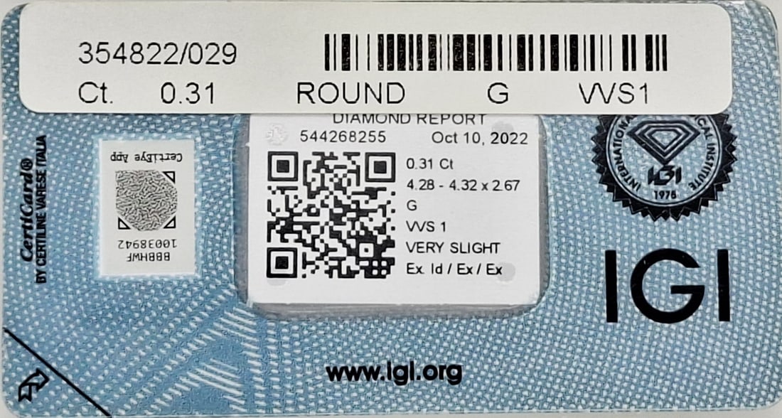 0.31 CT Round Brilliant Diamond G VVS1 IGI Certified - 3