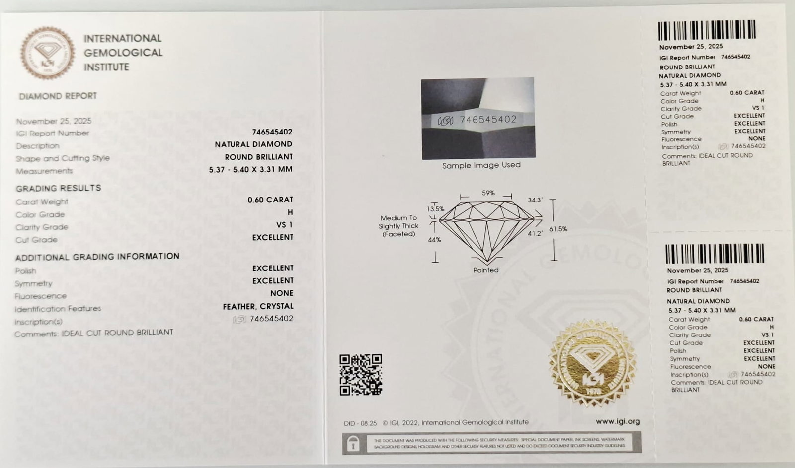 0.60 CT Natural Diamond H VS1 Ideal Cut 3EX IGI Certified Sealed - 2