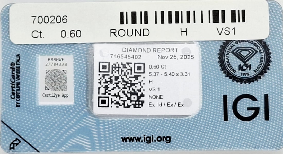 0.60 CT Natural Diamond H VS1 Ideal Cut 3EX IGI Certified Sealed - 3