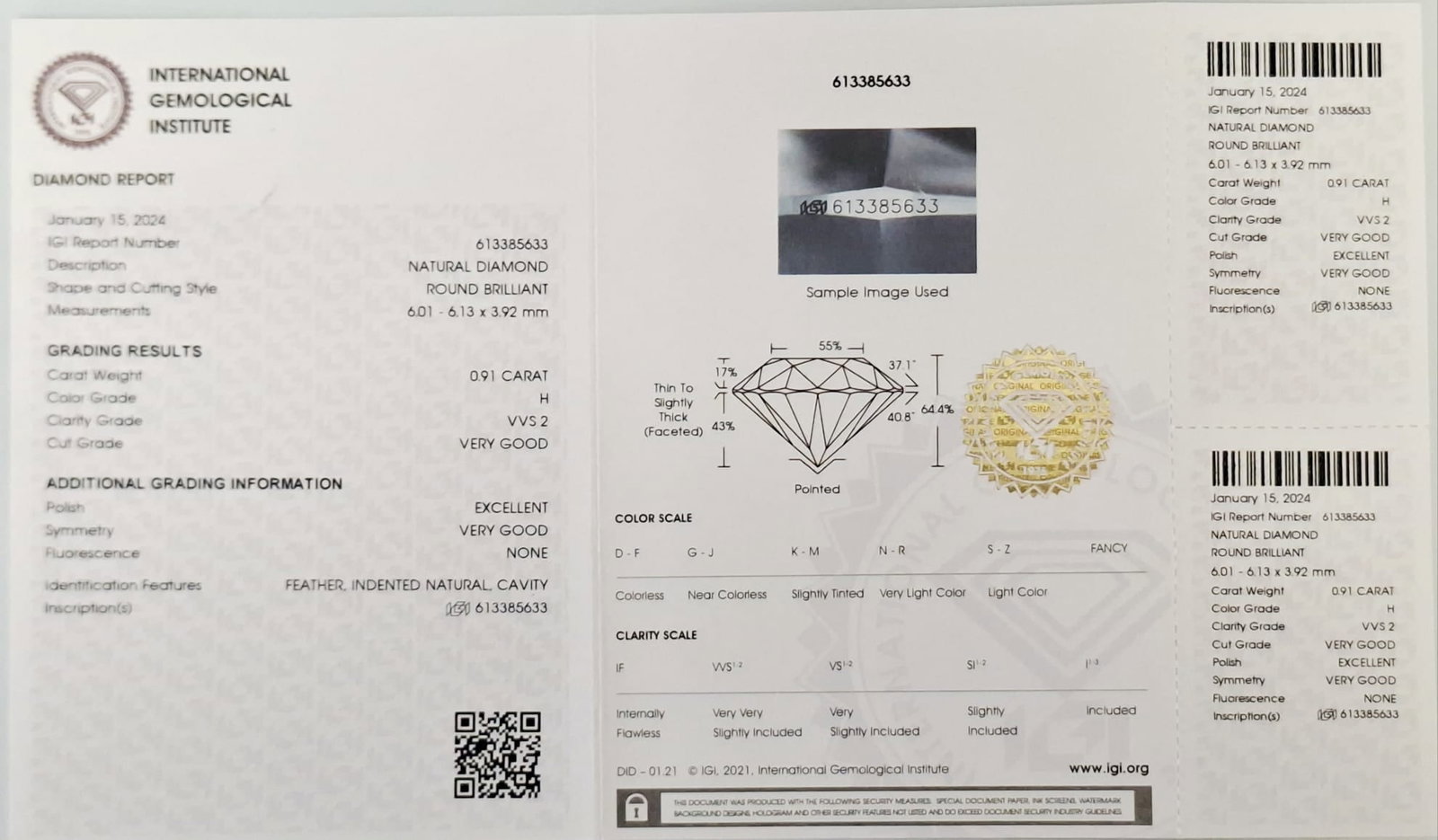 0.91 CT Round Diamond H VVS2 Very Good Cut IGI Certified Sealed - 2