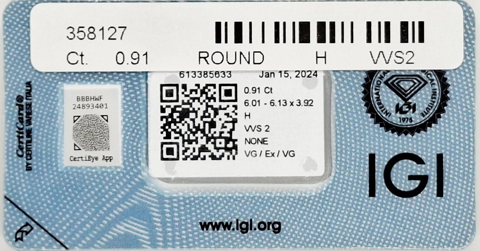 0.91 CT Round Diamond H VVS2 Very Good Cut IGI Certified Sealed - 3
