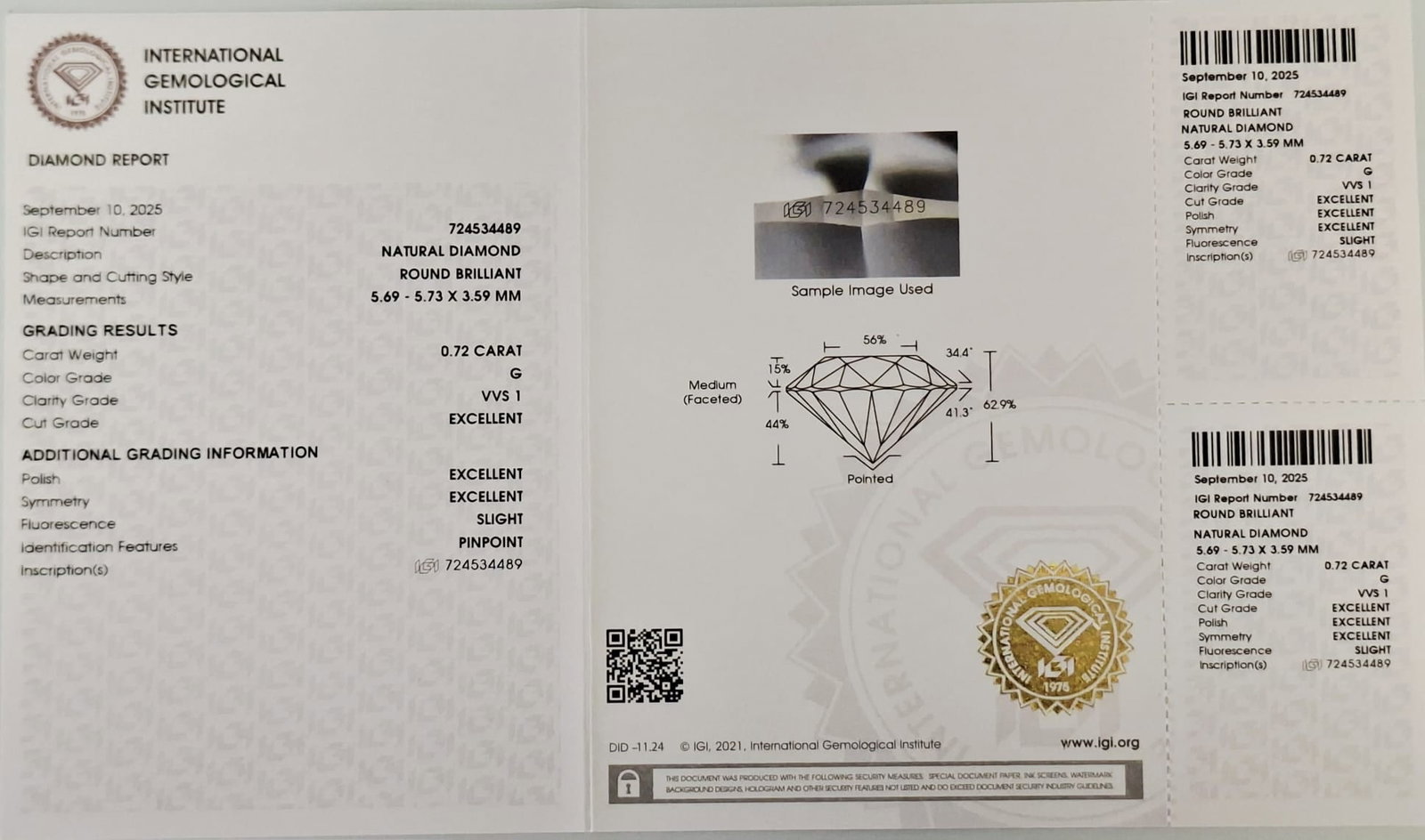 0.72 CT Natural Round Diamond G VVS1 Excellent Cut IGI Certified Sealed - 2