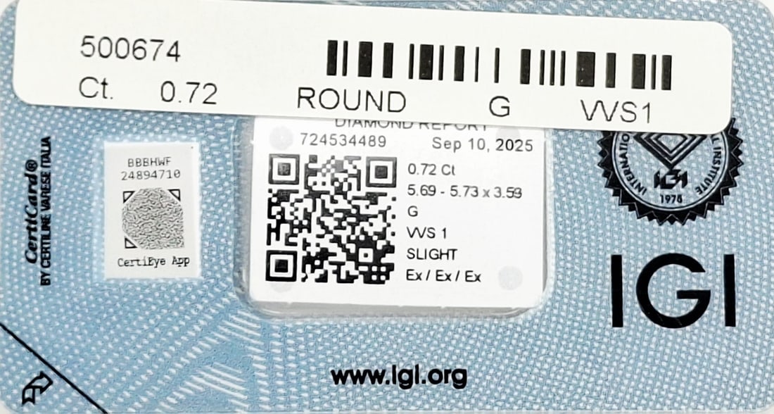 0.72 CT Natural Round Diamond G VVS1 Excellent Cut IGI Certified Sealed - 3