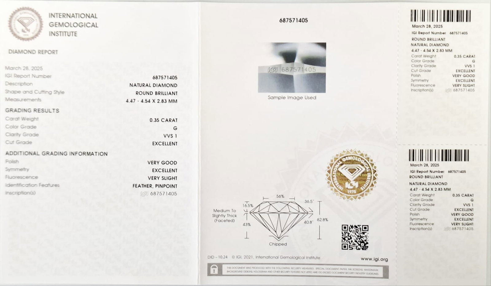 0.35 CT Round Brilliant Diamond G VVS1 IGI Certified Loose Stone - 2