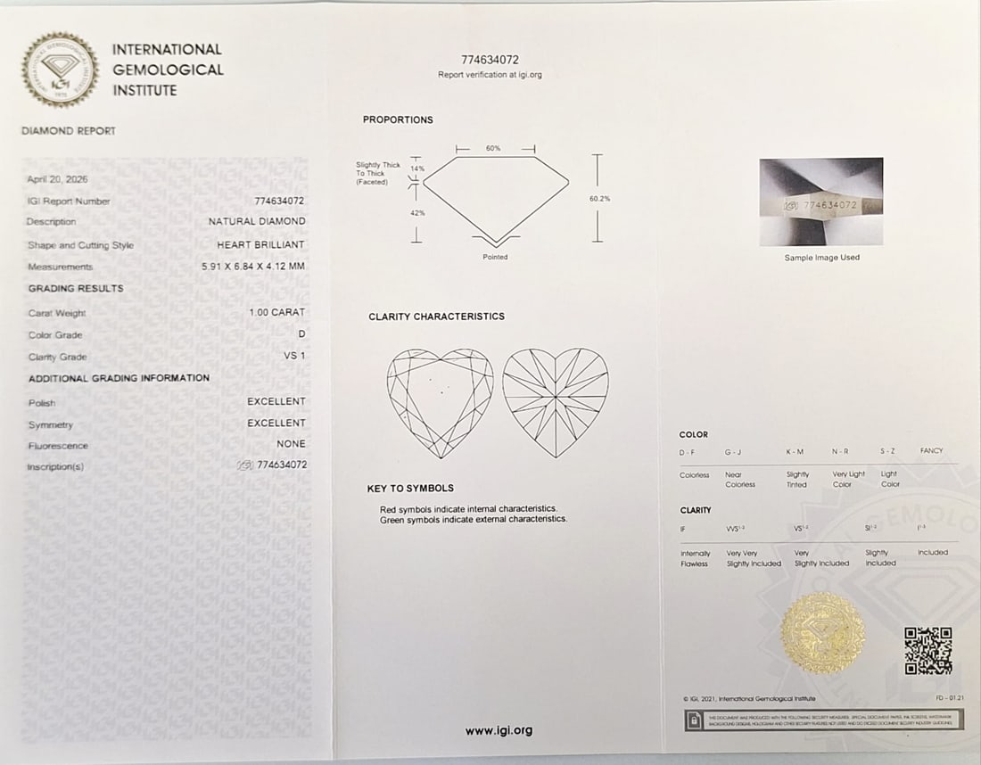 1.00 CT Natural Heart Diamond D VS1 IGI Certified Loose - 2