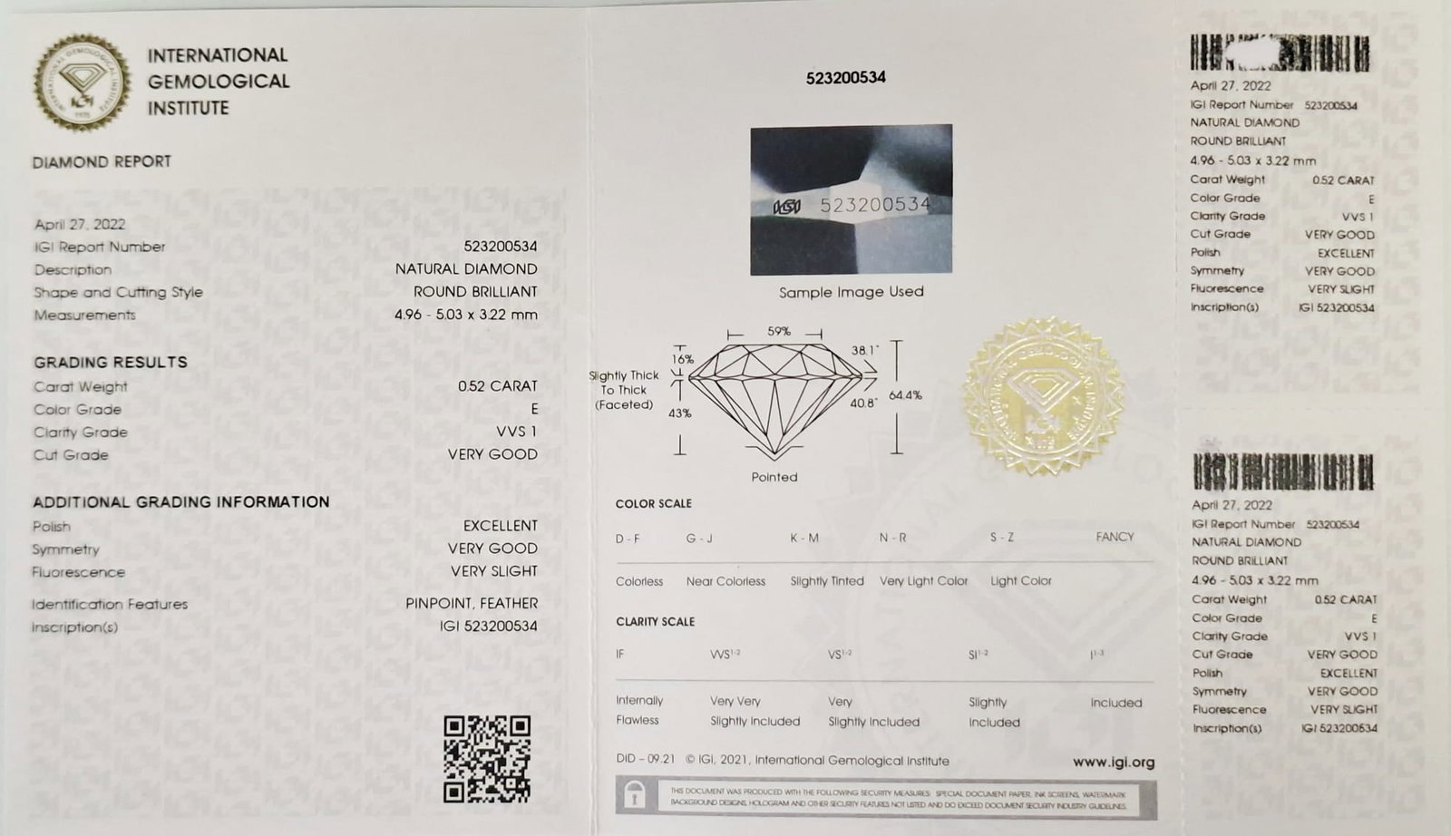0.52 CT Natural Round Diamond E VVS1 IGI Certified Loose Stone - 2