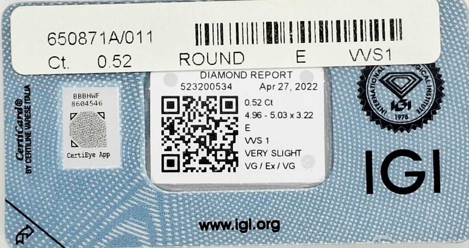 0.52 CT Natural Round Diamond E VVS1 IGI Certified Loose Stone - 4