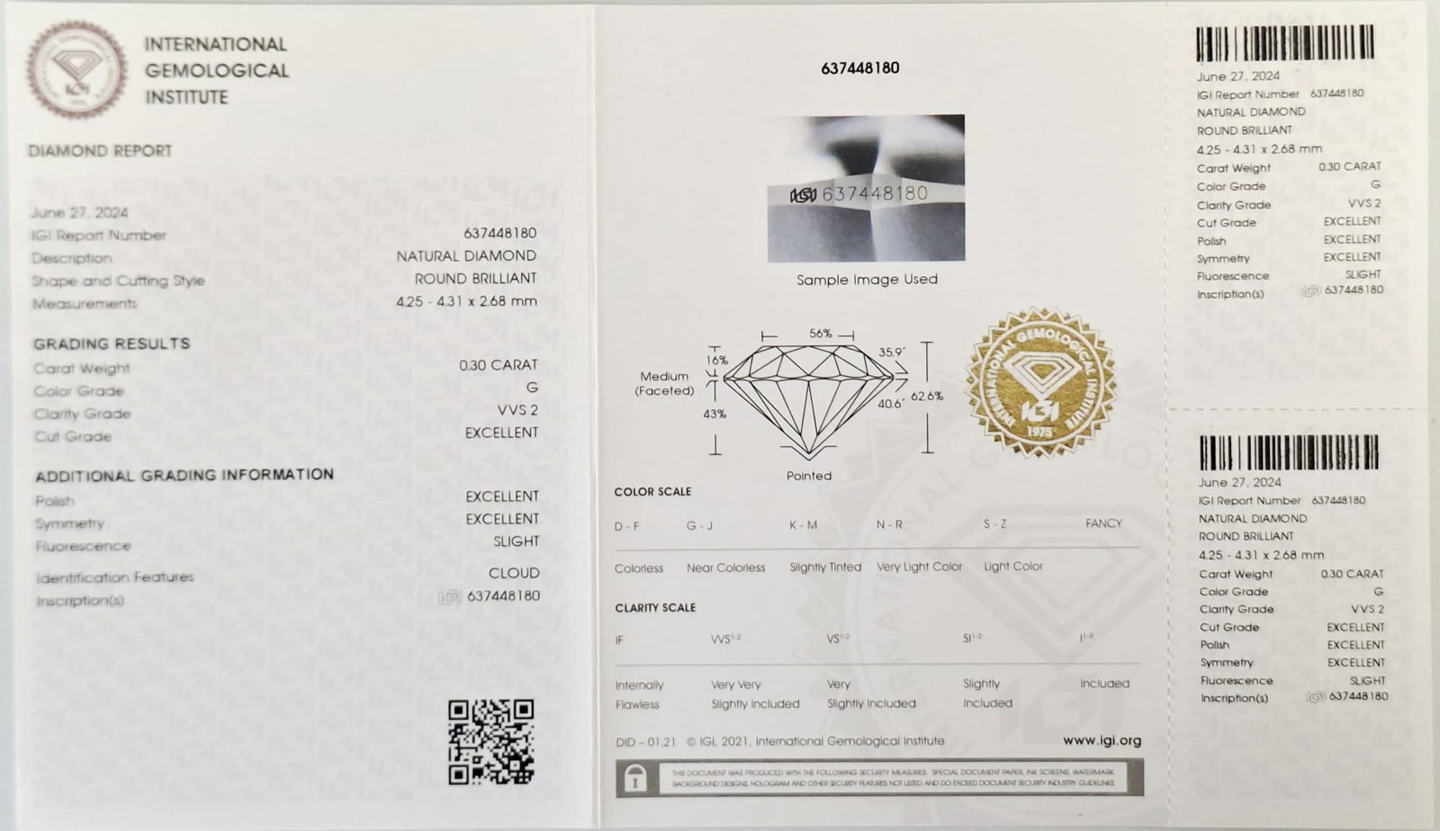 0.30 CT Round Diamond G VVS2 EX Cut IGI Certified Loose Stone - 2