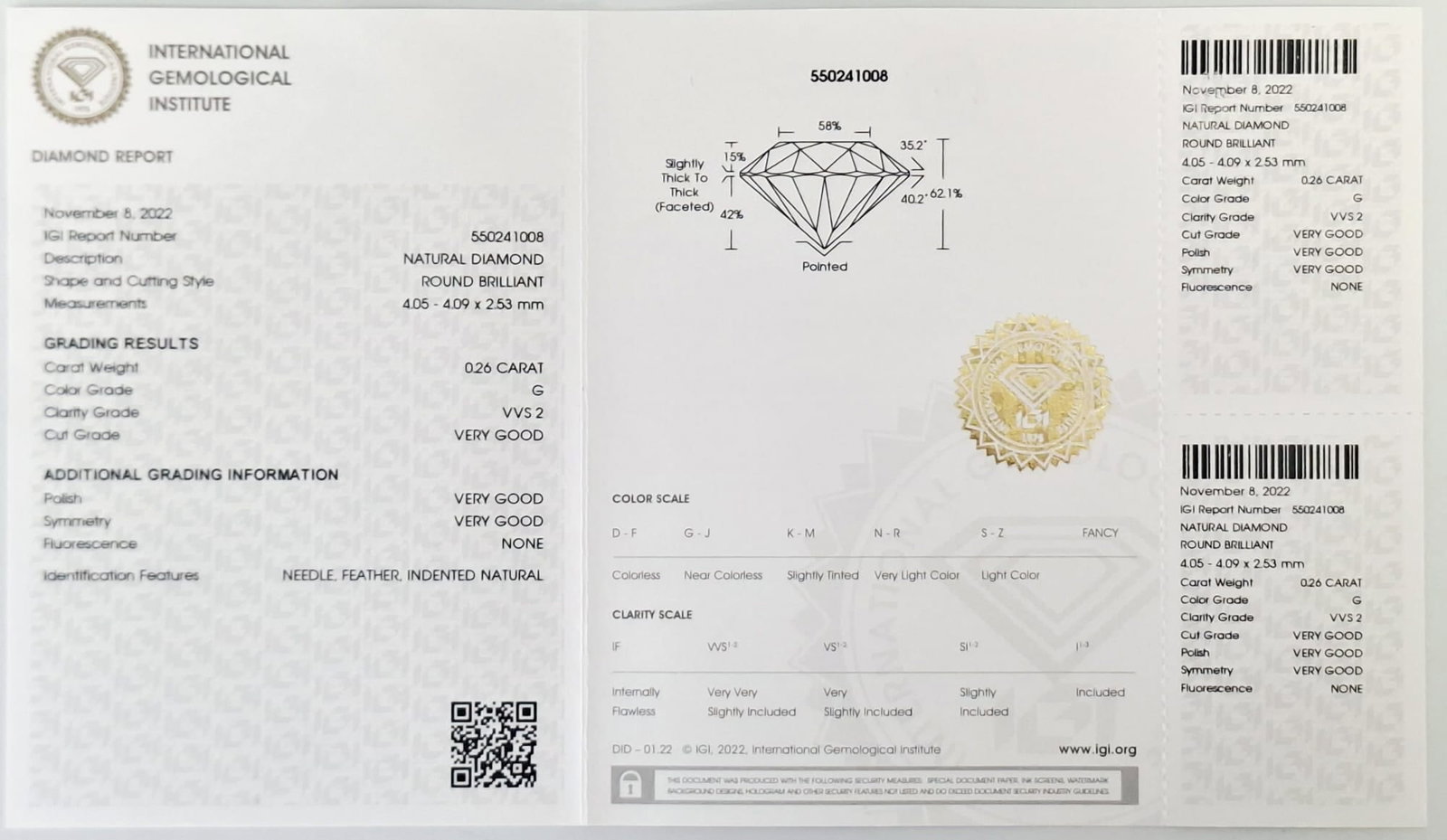0.51 TW Round Brilliant Natural Diamond Pair 0.25 CT & 0.26 CT G VVS2 IGI Sealed - 2