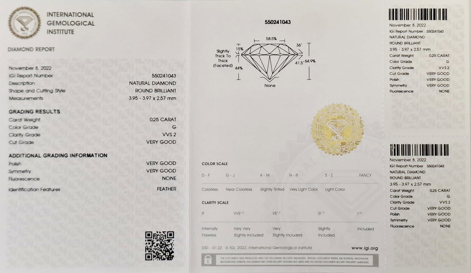 0.51 TW Round Brilliant Natural Diamond Pair 0.25 CT & 0.26 CT G VVS2 IGI Sealed - 3