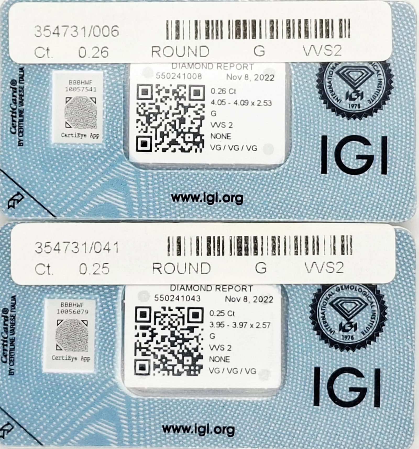 0.51 TW Round Brilliant Natural Diamond Pair 0.25 CT & 0.26 CT G VVS2 IGI Sealed - 4