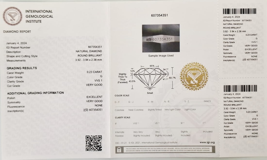0.46 TW Round Brilliant Natural Diamond Pair 0.23 CT & 0.23 CT G VVS1 IGI Sealed - 2