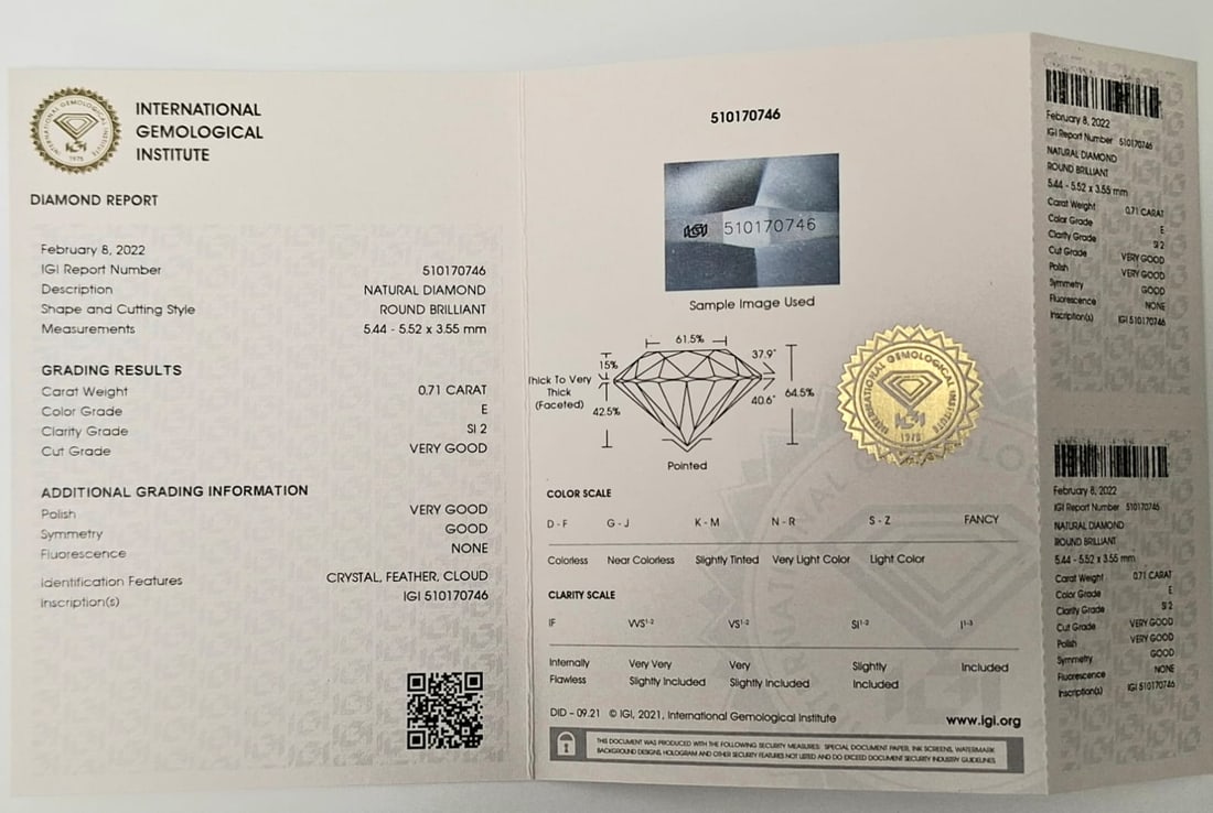 0.71 CT Round Brilliant Natural Diamond E SI2 Very Good Cut IGI Certified Sealed Card - 2