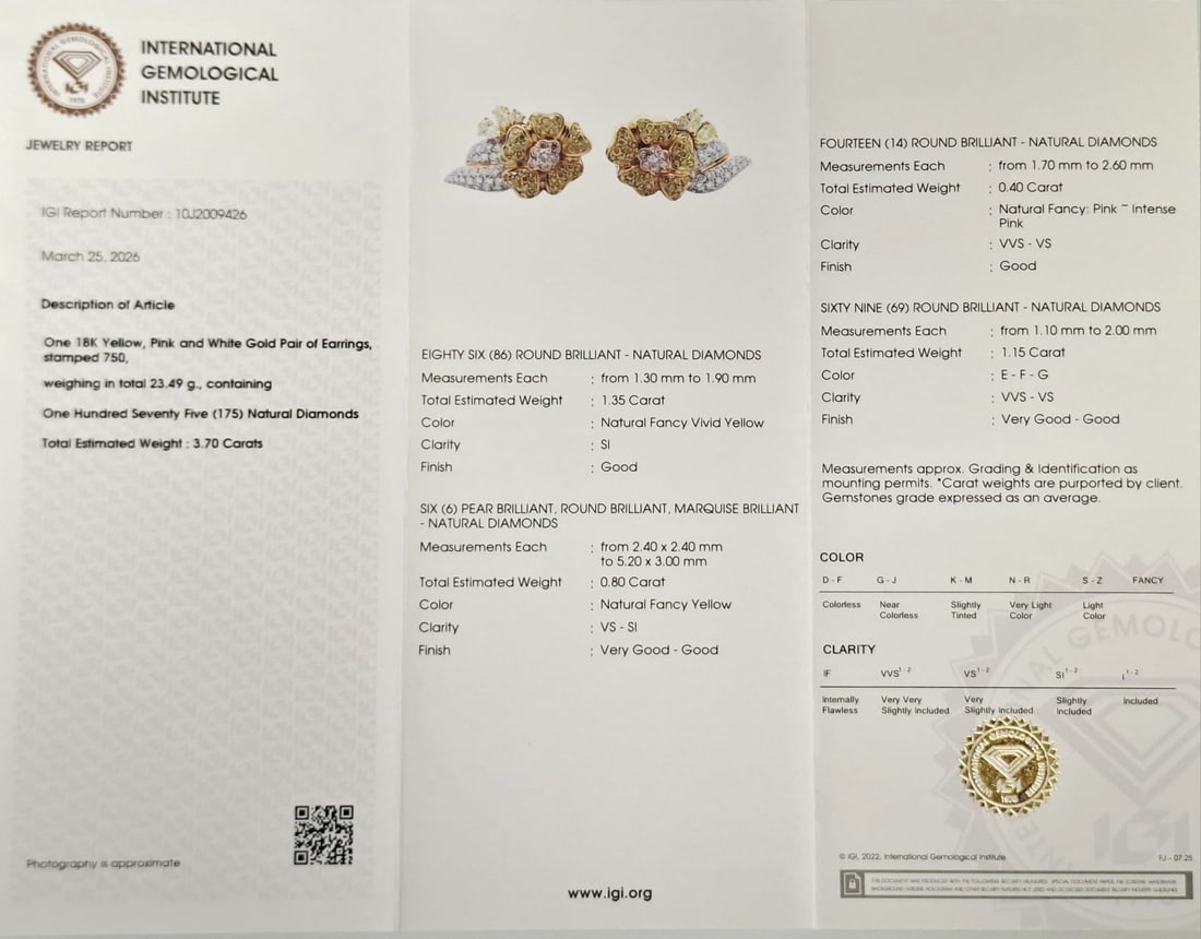 17.30 CTW Natural Fancy Vivid Yellow & Pink Diamond Floral Set 18K Tri-Color Gold IGI Certified - 2