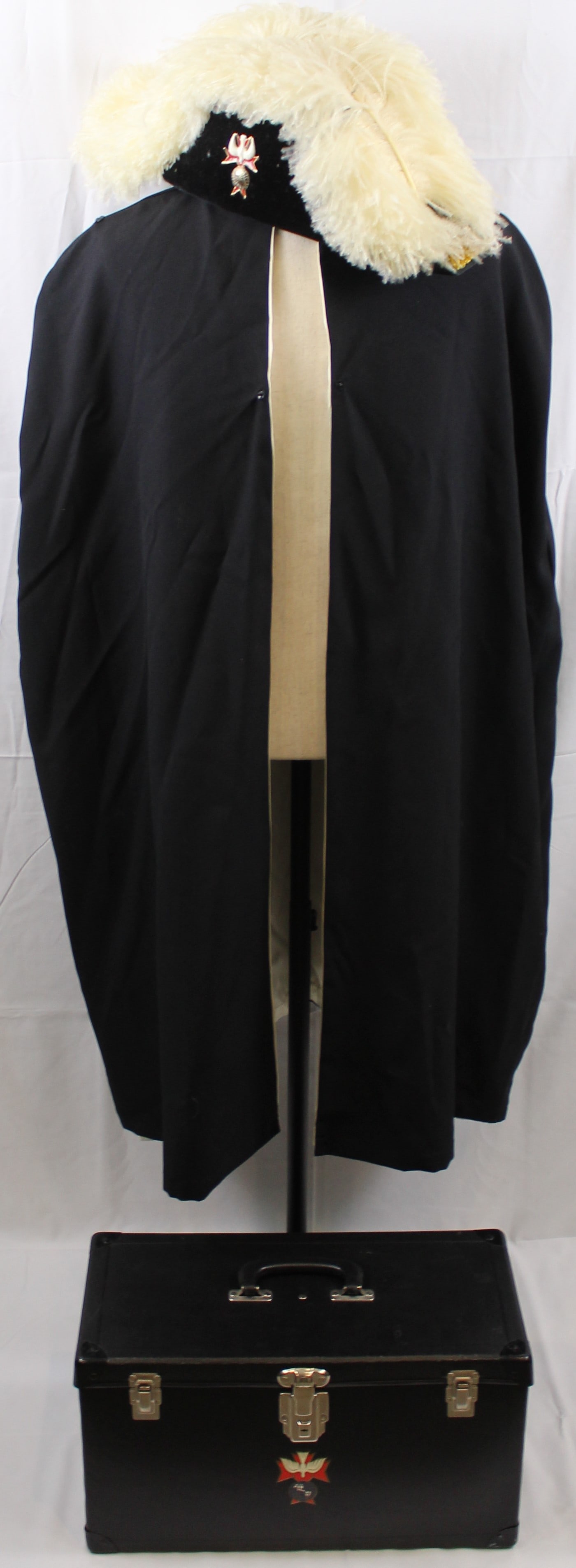 Named, Complete Dress Set and Cover for Knight of Columbus (SAE): What appears to be a complete dress set for a member of the Knight's of Columbus. This set is named to Robert H. McCormick of Iowa. The box sports the Knights of Columbus Fourth Degree emblem which fe