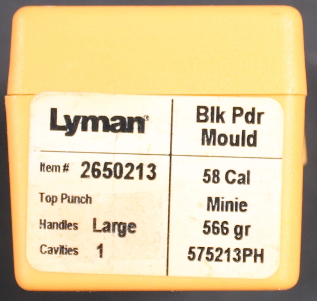 Lyman .58 Cal Die Cast Bullet Mould (FMI): Lyman part number 2650213 is a black powder bullet mold designed to cast .58 caliber hollow base Minie ball bullets for Parker-Hale and Navy Arms muzzleloading rifles. It produces a 566-grain bullet