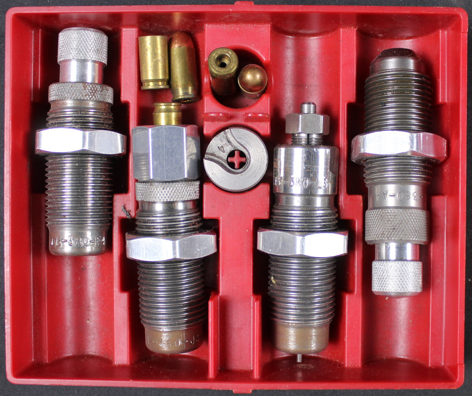LEE 4 Piece 380 Reloading Die Kit (FMI): This Lee Precision .380 4-Die set includes a carbide sizing die, powder-thru expanding die, bullet seating die, and carbide factory crimp die. There is a #4 shell holder that is included as well.