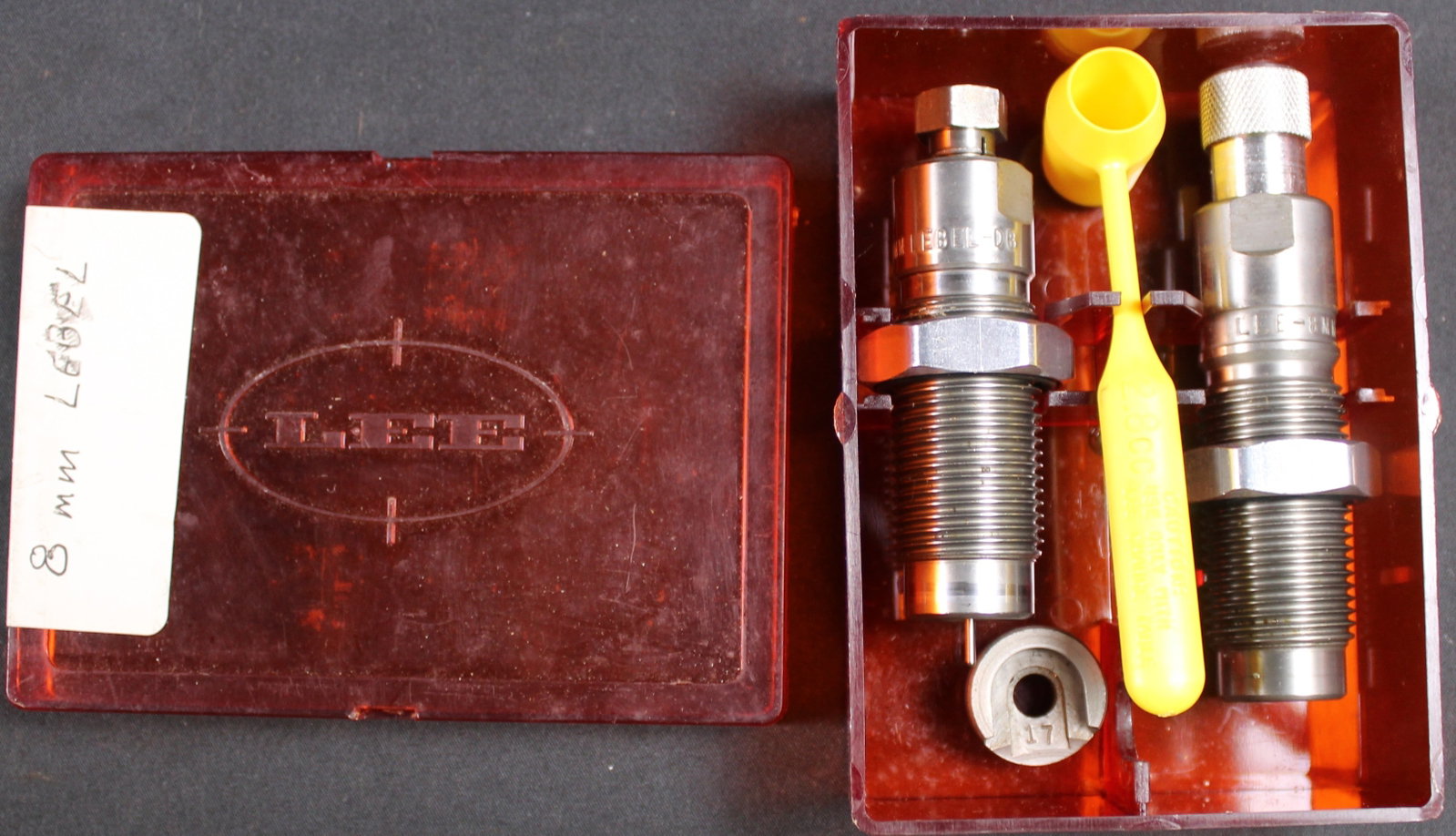 8mm Lebel Reloading Die Set (FMI): This Lee 8mm Lebel Reloading Die Set includes Two dies, One Carbide Sizing Die, and One Bullet Seating Die. This kit also includes a #17 shell holder and a Powder scoop. This kit is in good condition
