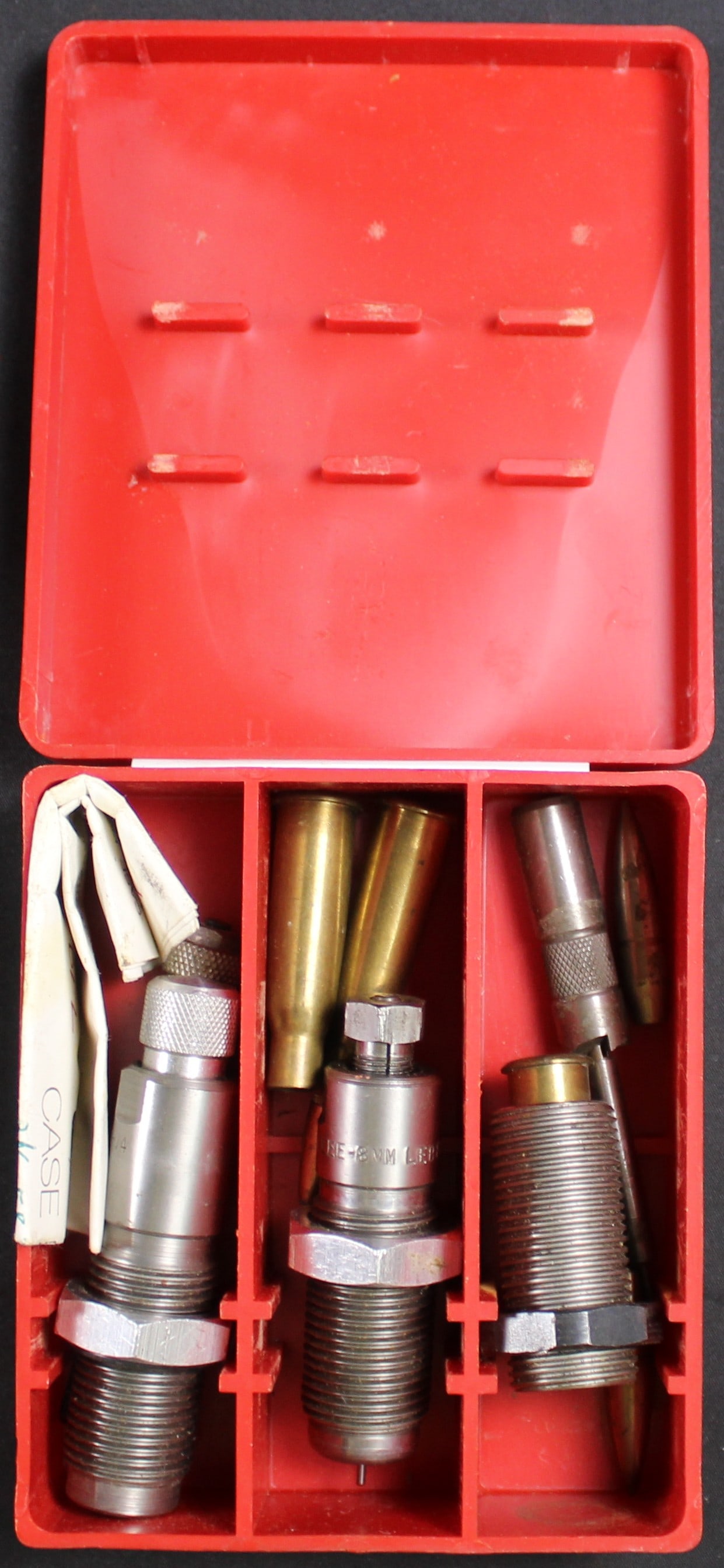 8mm Lebel Reloading Set by Lee (FMI): This 8mm reloading set includes a 8mm resizing die, a bullet seating die, and a case trimming die converting .348 Win to 8mm. This set is overall in good condition with some signs of prior usage. Bidd