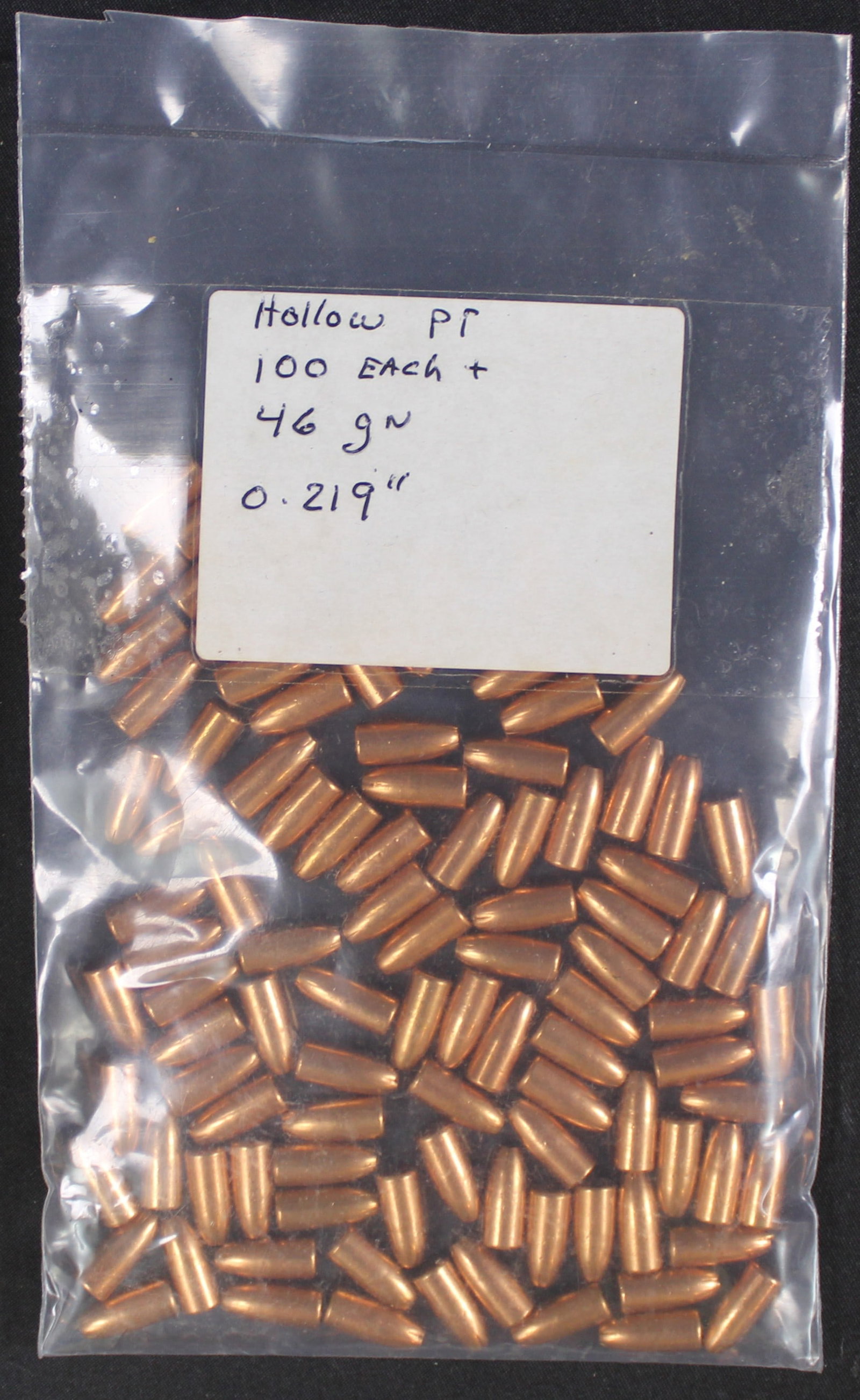 Approximately 100 46ge .219" JHP Bullets for Reloading (FMI): Description coming soon Bidders are welcome to preview items in person during our normal operating hours Tuesday through Saturday 11am-6pm. Estimated shipping parcel size (LxWxH) 10 inches x 6 inches