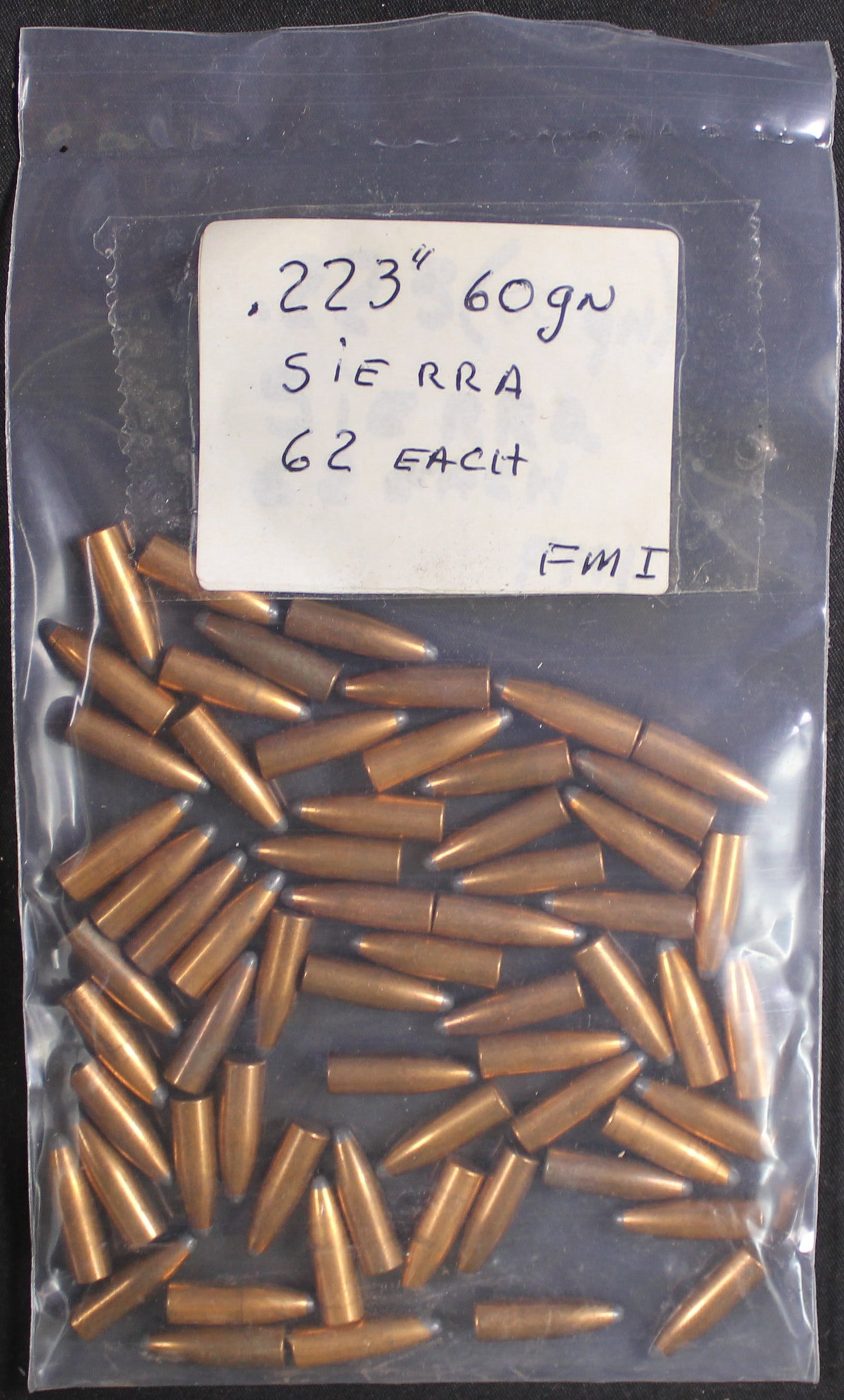 Approximately 62 Sierra Manufactured .223" 60gr Bullets for Reloading (FMI): Description coming soon Bidders are welcome to preview items in person during our normal operating hours Tuesday through Saturday 11am-6pm. Estimated shipping parcel size (LxWxH) 10 inches x 6 inches