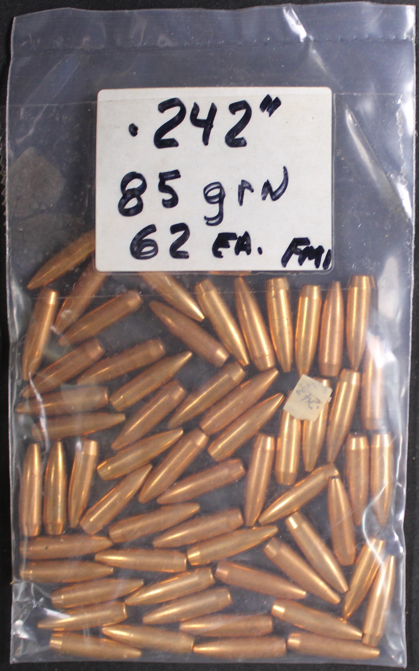 Approximately 62 85gr .242" Bullets for Reloading (FMI): Description coming soon Bidders are welcome to preview items in person during our normal operating hours Tuesday through Saturday 11am-6pm. Estimated shipping parcel size (LxWxH) 10 inches x 6 inches