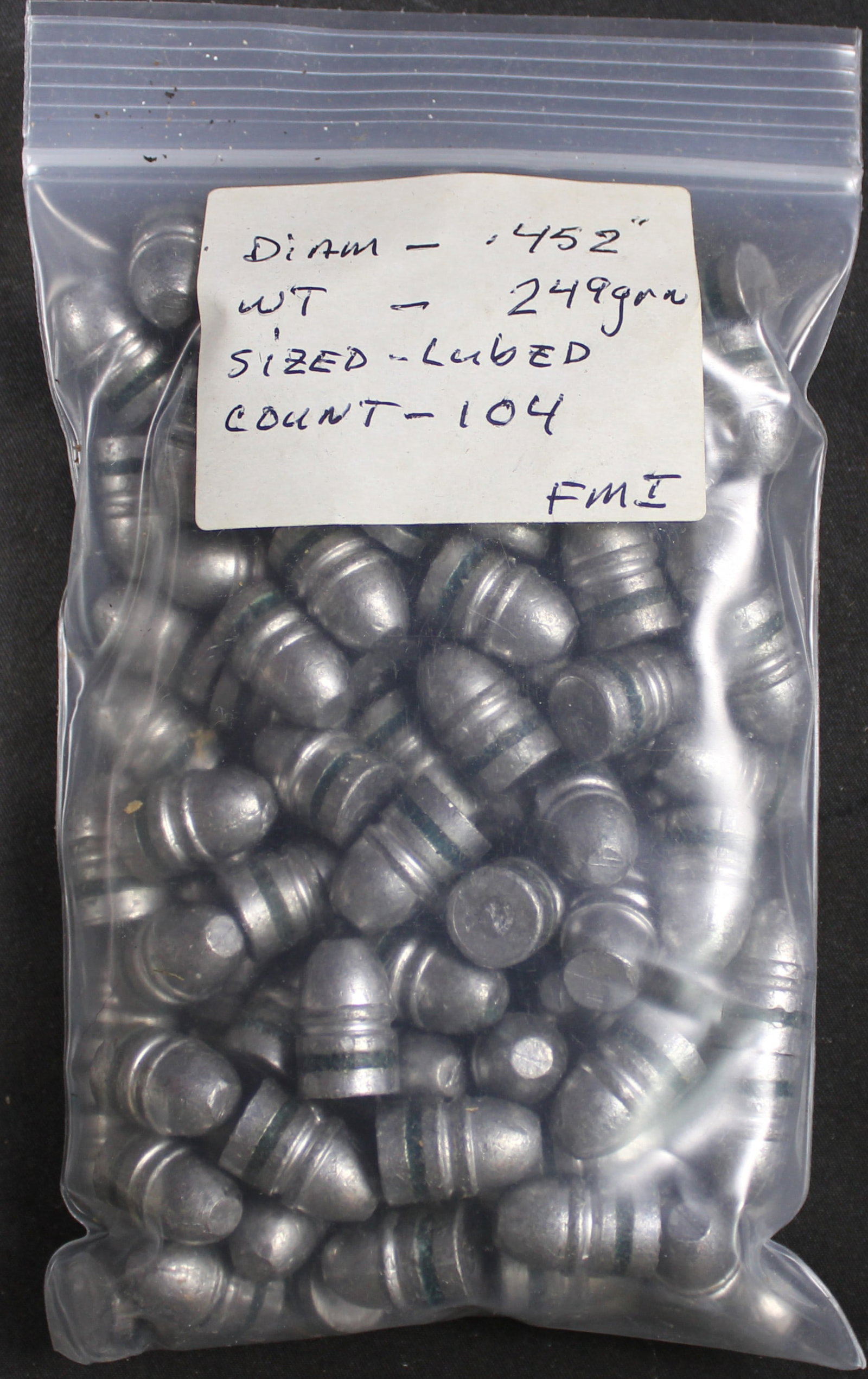 Approximately 104 249gr .452 Sized and Lube Bullets for Reloading (FMI): Description coming soon Bidders are welcome to preview items in person during our normal operating hours Tuesday through Saturday 11am-6pm. Estimated shipping parcel size (LxWxH) 10 inches x 6 inches