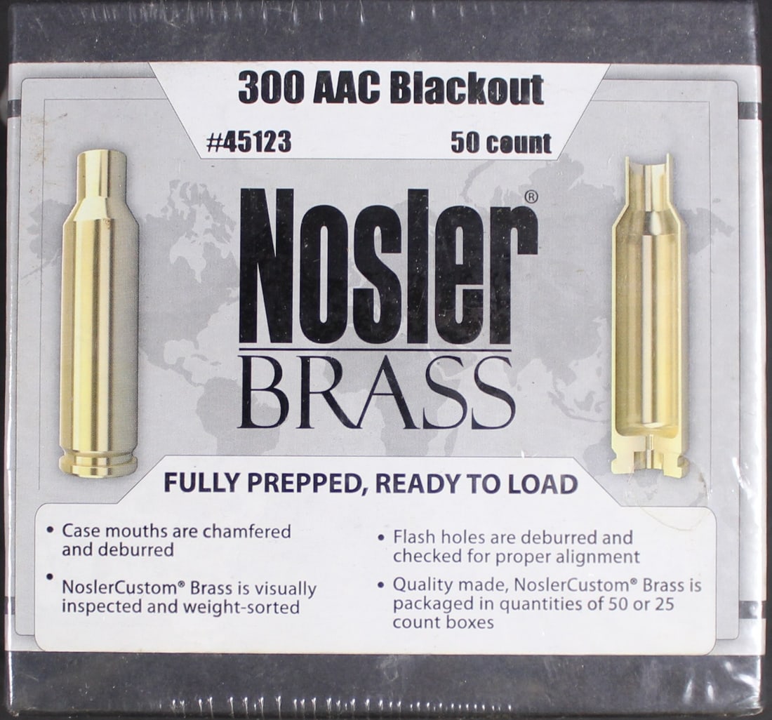 Approximately 50 New Nosler .300 AAC Blackout Primed Cases for Reloading (FMI): Description coming soon Bidders are welcome to preview items in person during our normal operating hours Tuesday through Saturday 11am-6pm. Estimated shipping parcel size (LxWxH) 8 inches x 8 inches