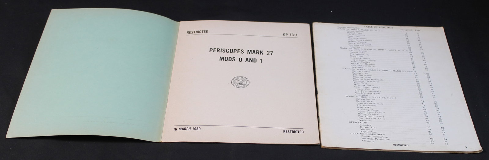 A 1950 Dated US Bureau of Ordinance Publication "Periscopes Mark 27 Mods 0 and 1 Manual." (FMI) - 2