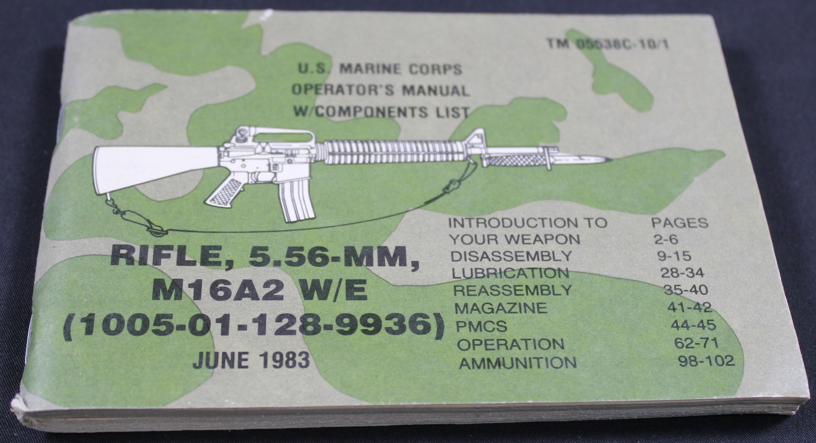 1983 Dated US Department of the Army M16A2 Operator's Manual (FMI): A 1983 Dated US Department of the Army M16A2 Operator's Manual in good condition overall. Core topics covered include: introduction to the firearm, disassembly, lubrication, reassembly, magazine,
