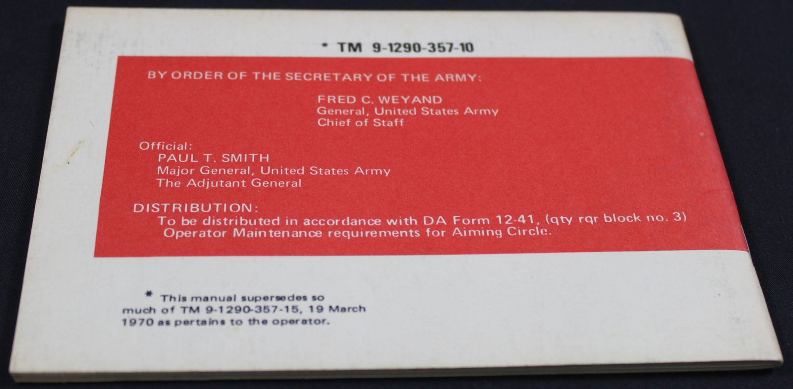 1976 Dated Department of the Army TM 9-1290-357-10 "Aiming Circle M1 W/E" (FMI) - 2