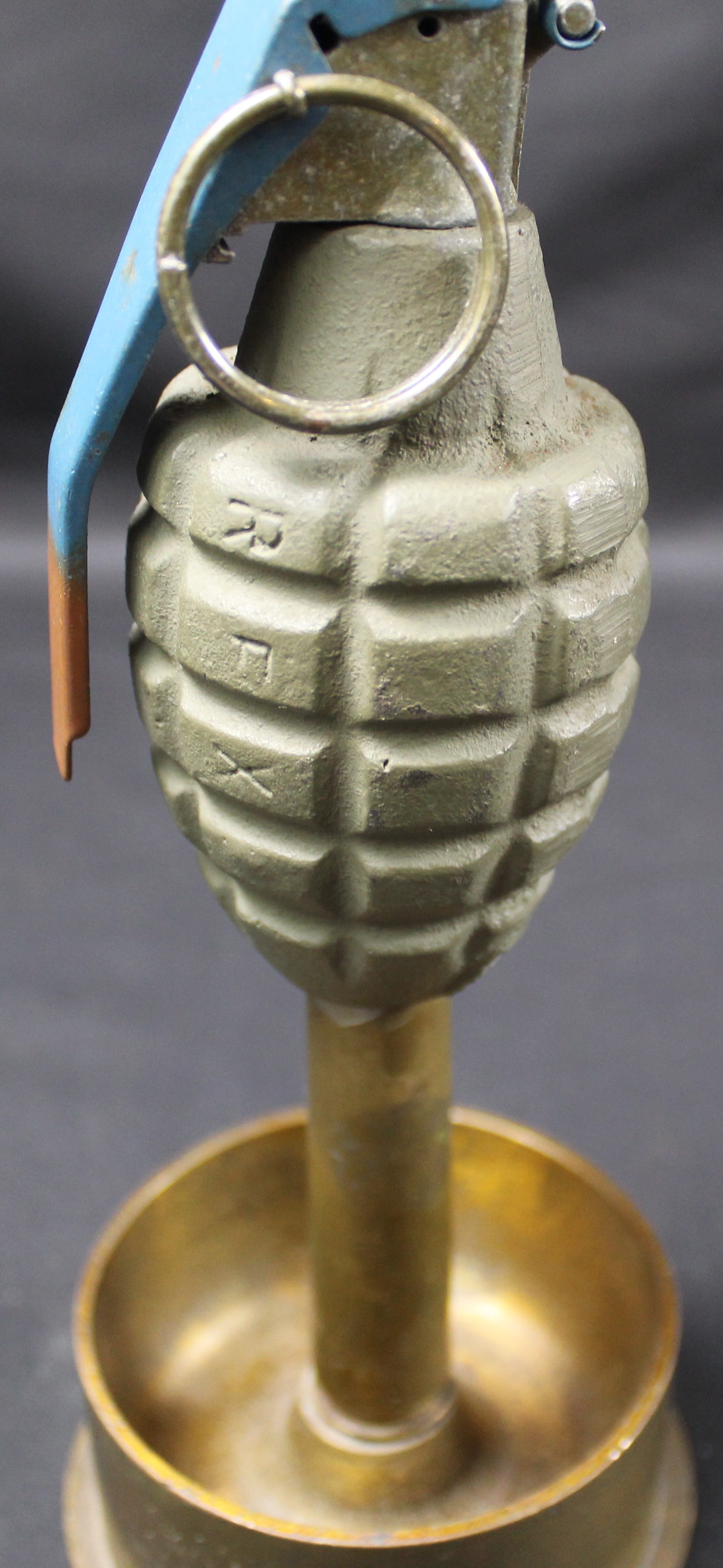 WWII Trench Art with Mk2 "Pineapple" Grenade on 57mm Japanese Shell Base Embossed "Okinawa" (FMI) - 3