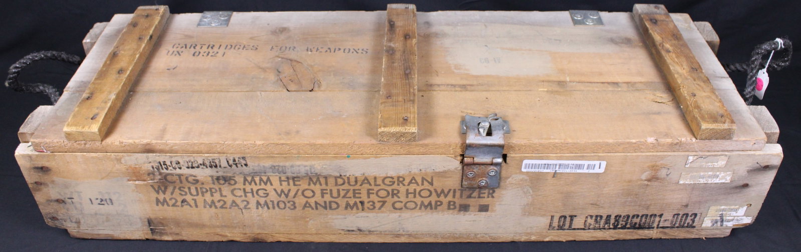 Wooden 105mm Ammo Crate (BLB): Us military 105mm howitzer wooden ammo crate built with treated wood. This is in very good used condition. The outer dimensions are 37 x 12 x 8 inches. The inner dimensions are 32 x 10. 5 x 5. 25