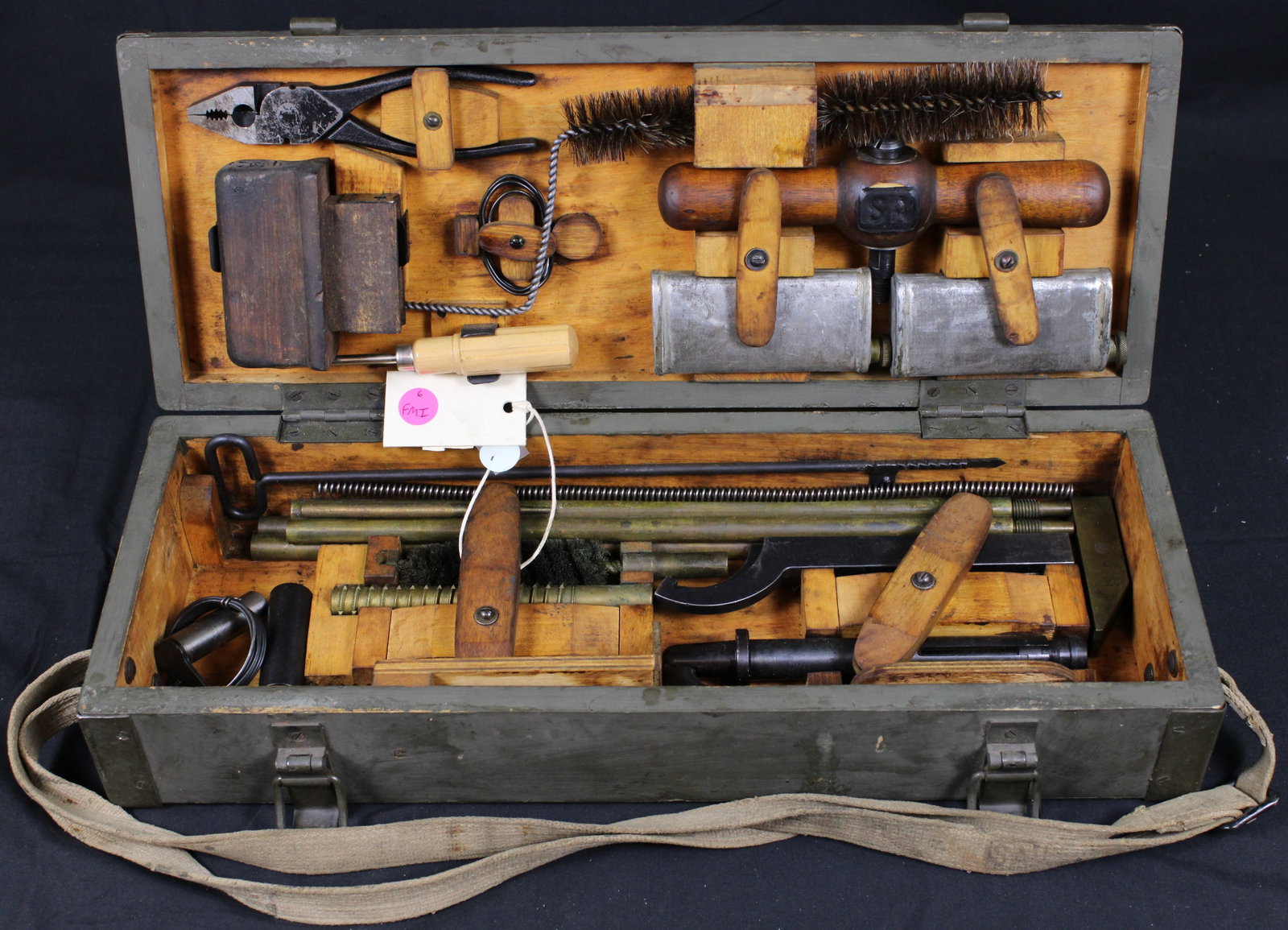 20mm Lahti Finnish A.T. Rifle Cleaning & Spare Parts Box (FMI): This lot is a 20mm Lahti L39 Finnish A.T. Rifle spare parts box. This box is 99% complete with what looks like 1 or 2 springs missing. This box is good to very good condition as almost all of the