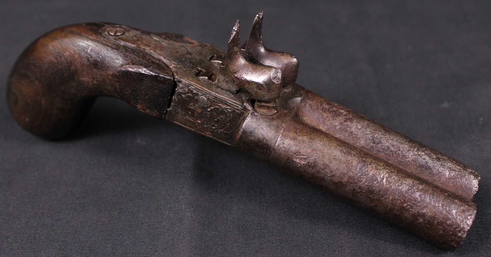 Engraved Antique Double Barrel Percussion Cap Pistol (SNR): Description coming soon! Bidders are welcome to preview items in person during our normal operating hours Tuesday through Saturday 11am-6pm. Estimated shipping parcel size (LxWxH) 12 inches x 12 inche