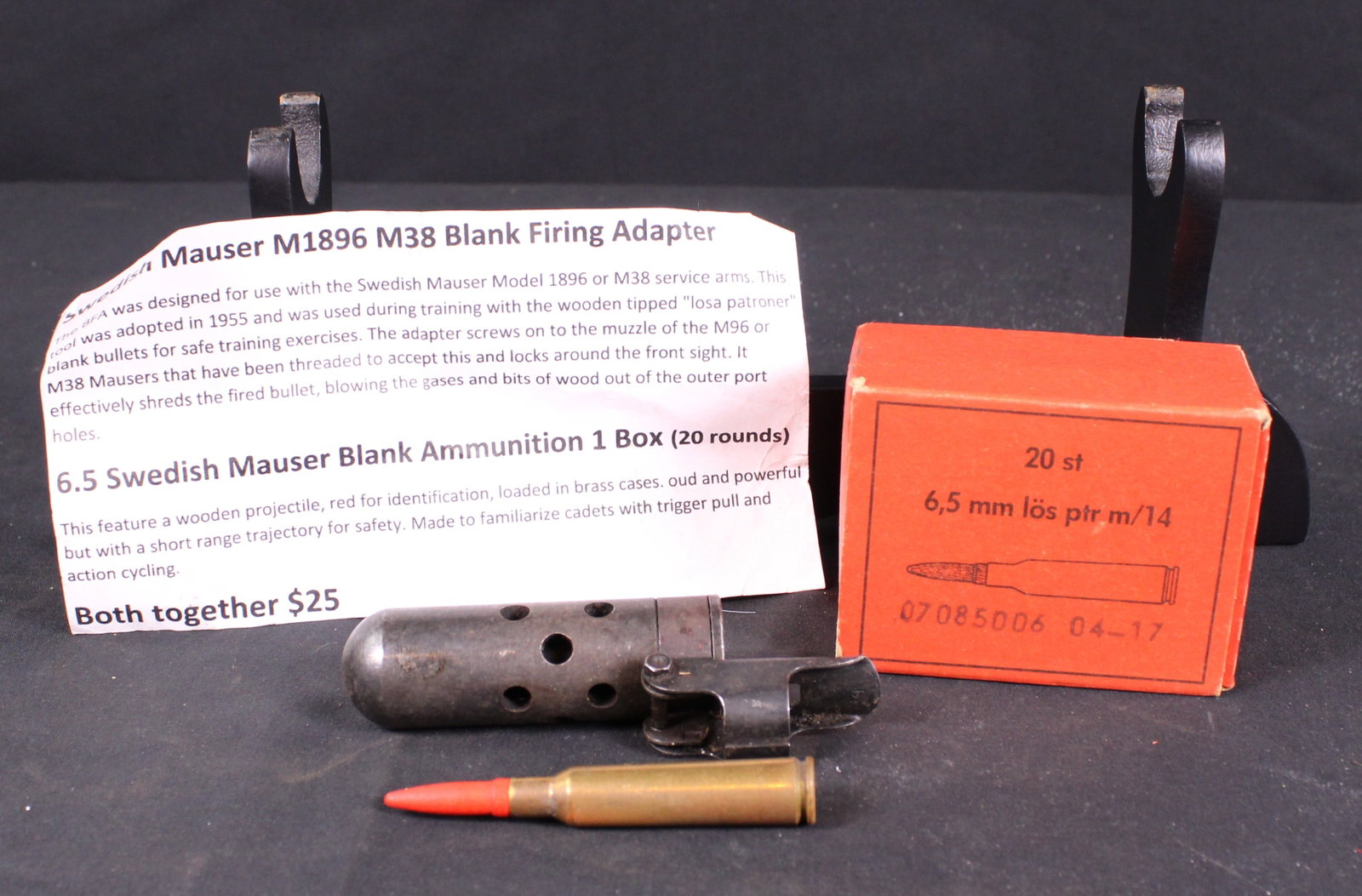 Swedish Mauser M1896 M38 Blank Firing Adapter With Blank Ammunition In Original Box. (mat): Description coming soon! Bidders are welcome to preview items in person during our normal operating hours Tuesday through Saturday 11am-6pm. Estimated shipping parcel size (LxWxH) 12 inches x 10