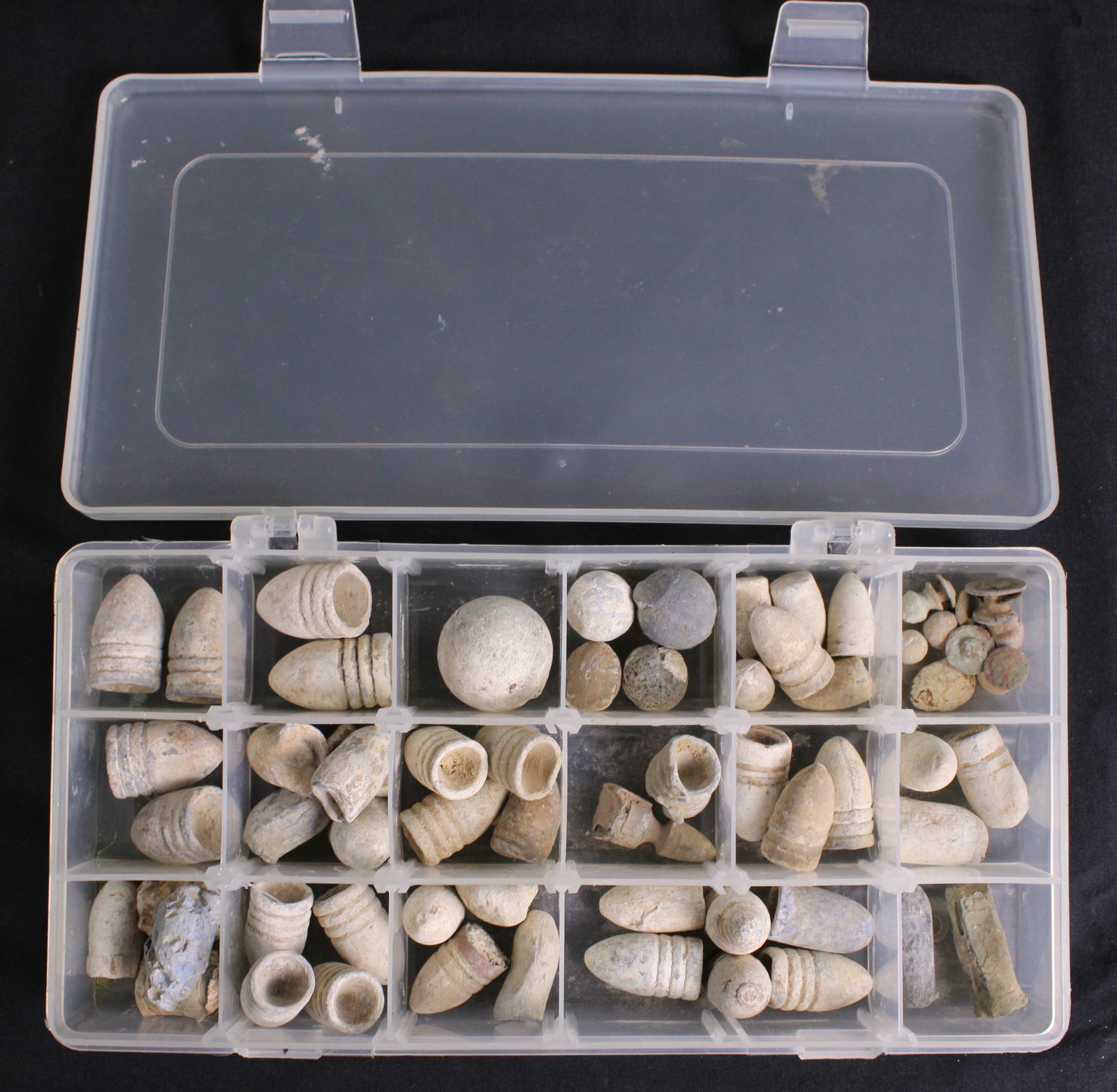 Group Lot: Roughly 60 Antique Rifle Projectiles (SNR): Description coming soon! Bidders are welcome to preview items in person during our normal operating hours Tuesday through Saturday 11am-6pm. Estimated shipping parcel size (LxWxH) 10 inches x 8 inches