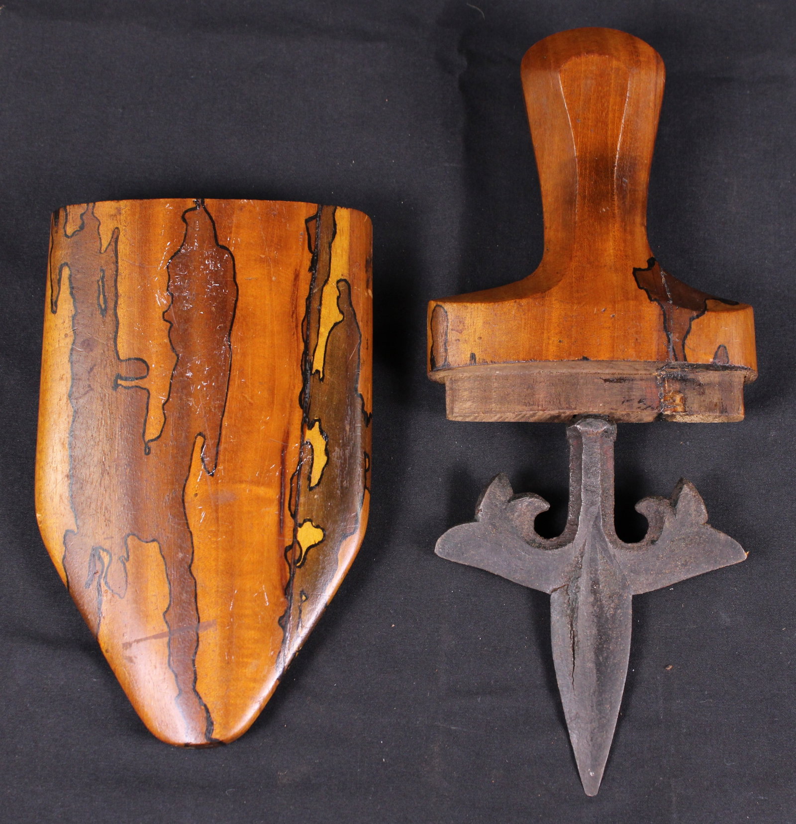 Repurposed Fleur-de-lis Finial Knife With Wooden Sheath (KFC): Description coming soon Bidders are welcome to preview items in person during our normal operating hours Tuesday through Saturday 11am-6pm. Estimated shipping parcel size (LxWxH) 10 inches x 8 inches