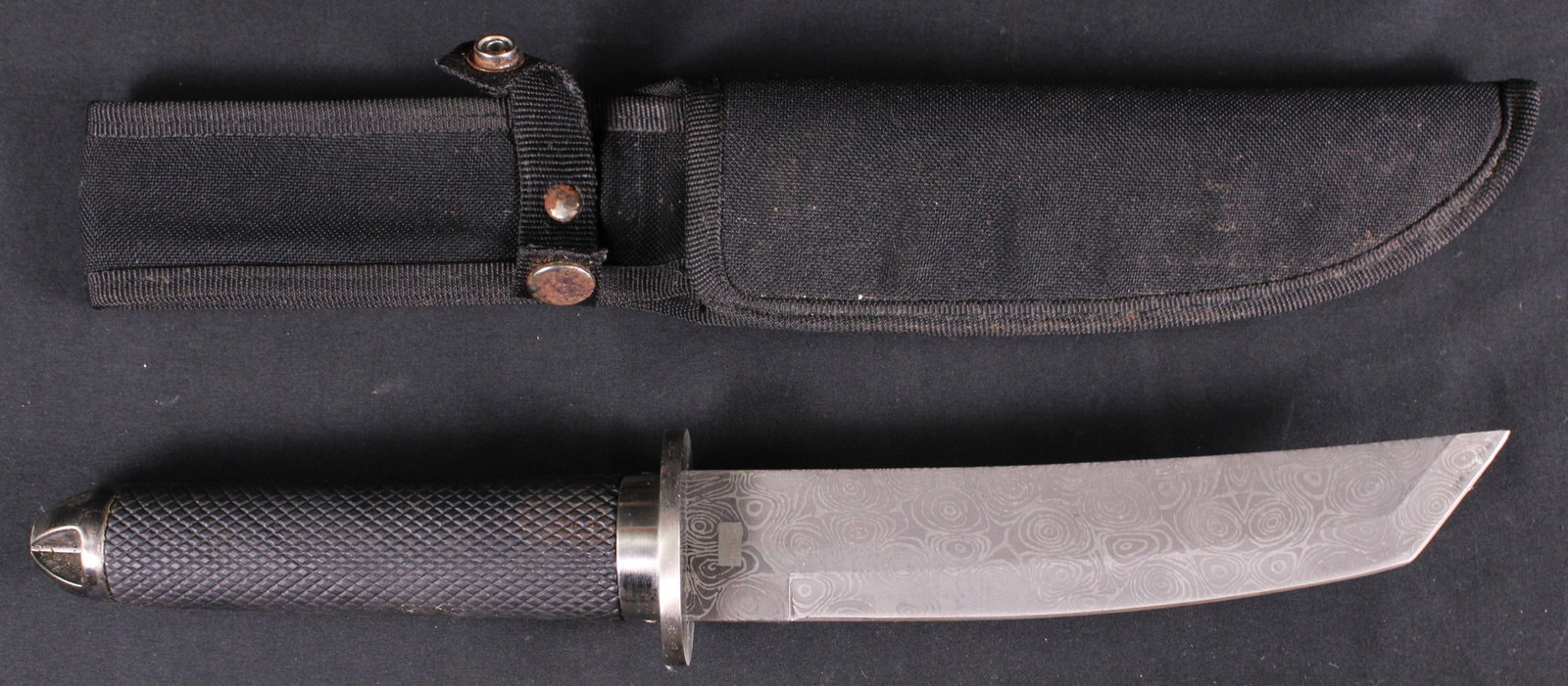 Faux Damascus Chinese Made Fixed Blade Diving Knife With Sheath (ATL): Description coming soon Bidders are welcome to preview items in person during our normal operating hours Tuesday through Saturday 11am-6pm. Estimated shipping parcel size (LxWxH) 12 inches x 6 inches 